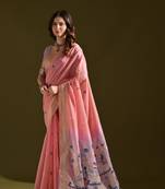 Pink woven muga cotton saree with blouse piece