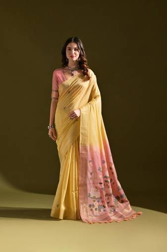 Yellow woven muga cotton saree with blouse piece