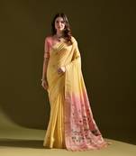 Yellow woven muga cotton saree with blouse piece