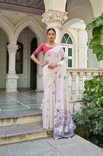 Blue woven muga cotton saree with blouse piece