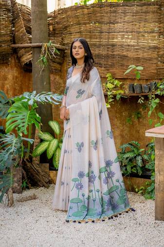 Cream woven muga cotton saree with blouse piece