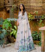 Cream woven muga cotton saree with blouse piece