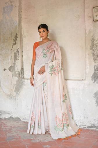 Orange woven muga cotton saree with blouse piece