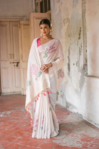 Pink woven muga cotton saree with blouse piece
