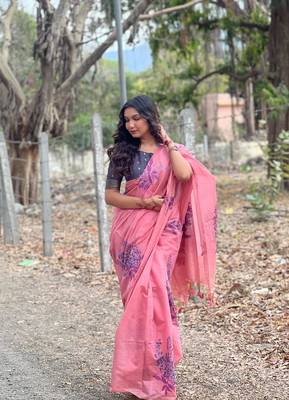 Pink woven muga cotton saree with blouse piece 1