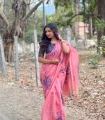 Pink woven muga cotton saree with blouse piece