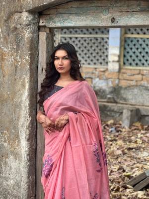 Pink woven muga cotton saree with blouse piece 2