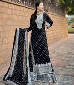 Black faux georgette embroidered kurta with pant & dupatta