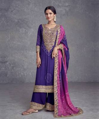 Purple embroidered chinon silk free size salwar suit 1