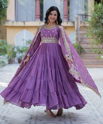 Purple georgette sequins embroidered ruffle flared gown with heavy dupatta 1