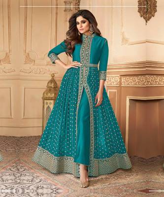 Turquoise Blue Embroidered Georgette  Anarkali Suit Free size full stitched Up To 42" Size 1