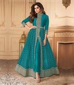 Turquoise Blue Embroidered Georgette  Anarkali Suit Free size full stitched Up To 42" Size