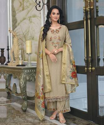  khaki viscose silk floral embroidered straight kurta with palazzo & dupatta 1