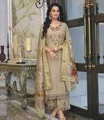  khaki viscose silk floral embroidered straight kurta with palazzo & dupatta