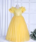 Lemon yellow sparkling net pearl embellish dress
