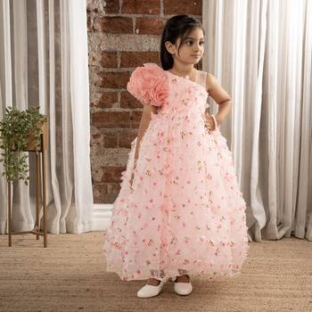 Peach 3d flowers butterflies net one shoulder dress 3