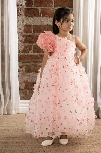 Peach 3d flowers butterflies net one shoulder dress