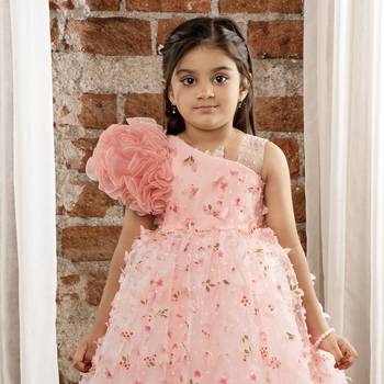 Peach 3d flowers butterflies net one shoulder dress 4