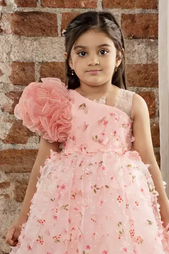 Peach 3d flowers butterflies net one shoulder dress