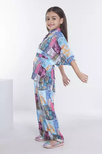 Multicolor printed blended cotton kafta style co-ord set
