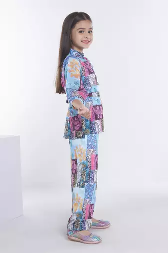 Multicolor printed blended cotton kafta style co-ord set