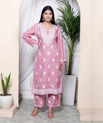   womens chikankari embroidery pink straight kurta & palazzo set 1
