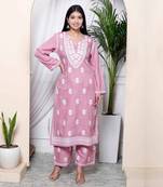 Miravan womens chikankari embroidery pink straight kurta & palazzo set