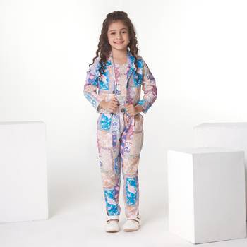 Cream printed cotton jacket with pant co-ord set 1