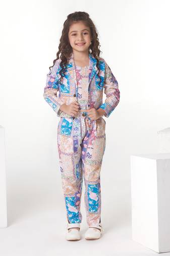 Cream printed cotton jacket with pant co-ord set