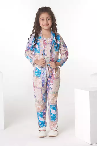 Cream printed cotton jacket with pant co-ord set
