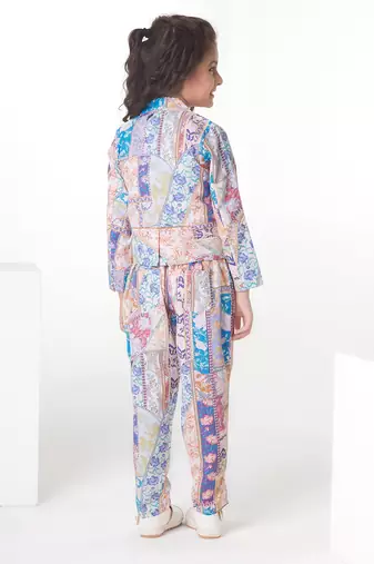 Cream printed cotton jacket with pant co-ord set