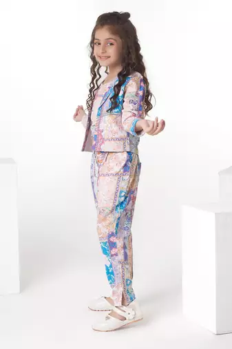 Cream printed cotton jacket with pant co-ord set