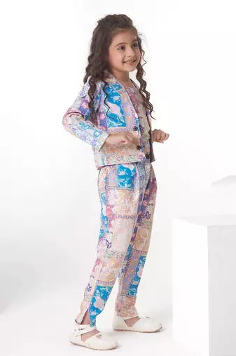 Cream printed cotton jacket with pant co-ord set
