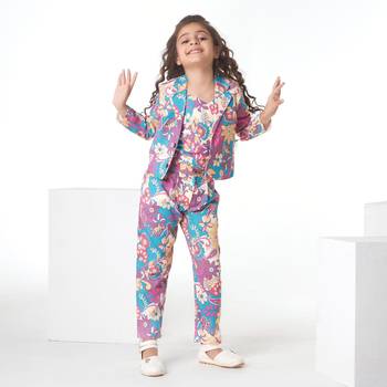 Purple printed cotton jacket with pant co-ord set 1
