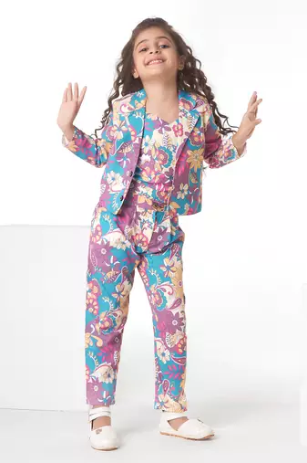 Purple printed cotton jacket with pant co-ord set