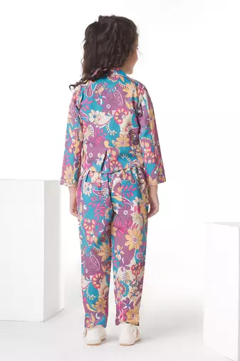 Purple printed cotton jacket with pant co-ord set