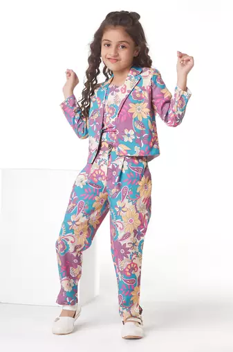 Purple printed cotton jacket with pant co-ord set