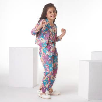 Purple printed cotton jacket with pant co-ord set 4