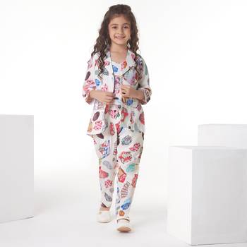Offwhite printed cotton jacket with pant co-ord set 1