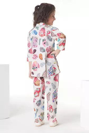 Offwhite printed cotton jacket with pant co-ord set