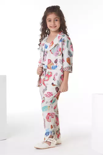Offwhite printed cotton jacket with pant co-ord set