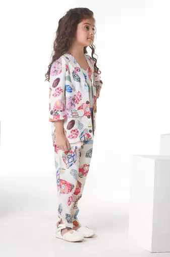 Offwhite printed cotton jacket with pant co-ord set