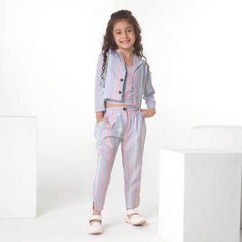 Multicolor Stripe printed cotton jacket with pant co-ord set 1