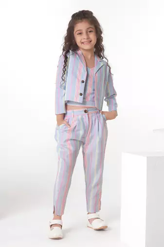 Multicolor Stripe printed cotton jacket with pant co-ord set