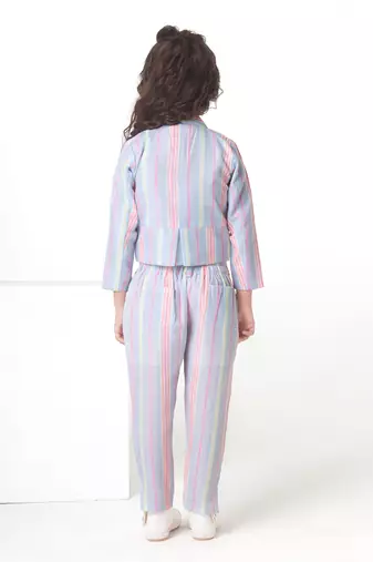 Multicolor Stripe printed cotton jacket with pant co-ord set