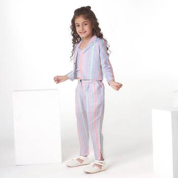 Multicolor Stripe printed cotton jacket with pant co-ord set 3