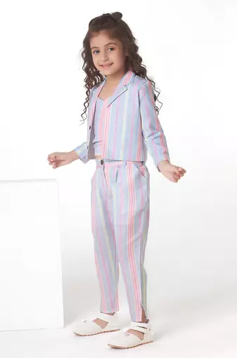 Multicolor Stripe printed cotton jacket with pant co-ord set