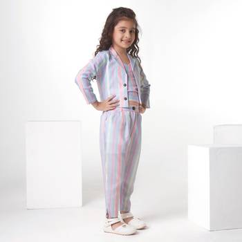 Multicolor Stripe printed cotton jacket with pant co-ord set 4