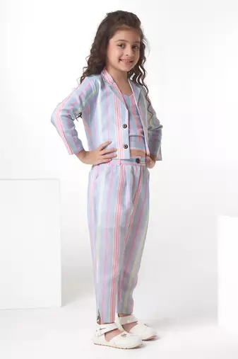 Multicolor Stripe printed cotton jacket with pant co-ord set