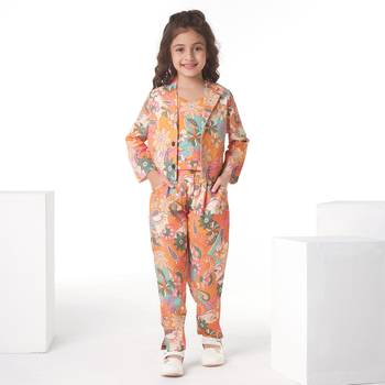 Mustard printed cotton jacket with pant co-ord set 1